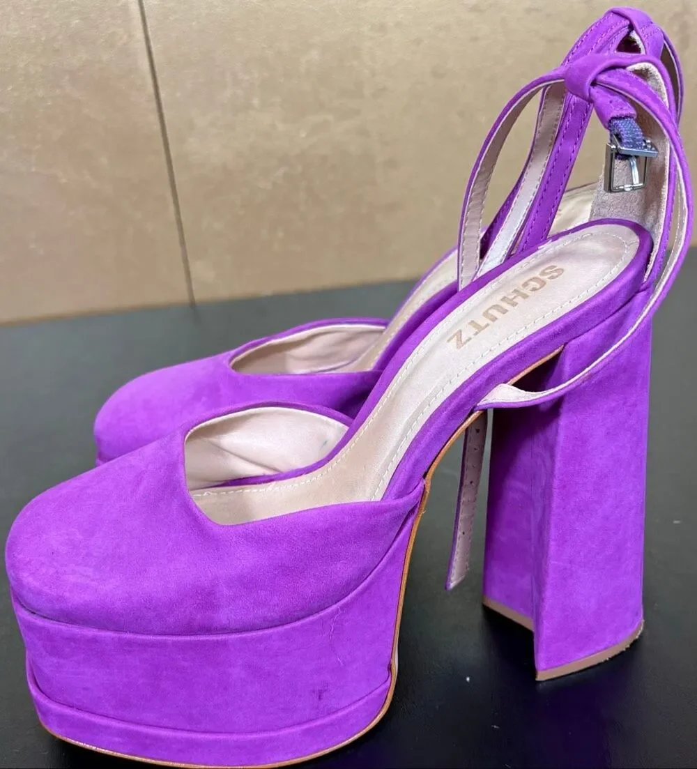 SCHUTZ Luan Ankle Strap Platform Pump Violet Suede Size